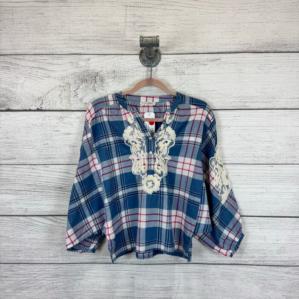 Anouk Grewal Women's Blue Pink Plaid Embroidered 3D Batwing Blouse Size Small